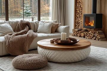 Round coffee table with quilted white leather base and wood top, placed on light gray carpet in open Scandinavian living room with blanket, firewood, and natural lighting.