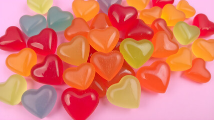Fototapeta premium Colorful heart-shaped gummy candies arranged artistically on a pink surface, ideal for romantic occasions and festive celebrations