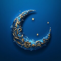 Ornate crescent moon, detailed with gold embellishments on a deep blue background