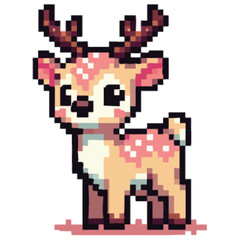 Fototapeta premium Pixelated fawn with antlers and white spots standing on a white background.