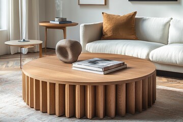 Elegant solid oak round coffee table with fluted wood accents, vertical grooves, and decorative elements, placed in front of a sofa with white wall and framed artwork background.