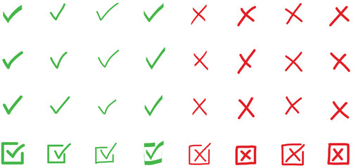 Check tick mark icon set. Cross box x check mark checkbox v list hand drawn sketch doodle brush marker checklist symbol wrong right circle. Vector Illustration.