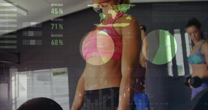Woman bending hips initiating fitness overlay updating metrics while deadlifting in gym weight area
