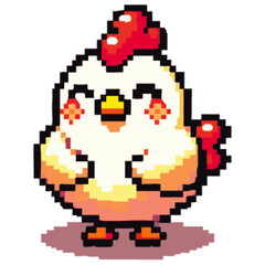 Fototapeta premium A pixelated, cartoon chicken with a red comb and rosy cheeks, smiling.