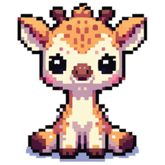 Obraz premium Pixel art illustration of a cute, cartoon giraffe sitting down with a sweet expression.