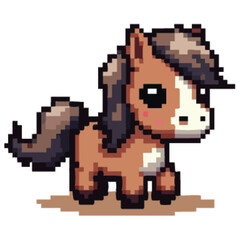 Fototapeta premium Cute pixelated brown pony with a dark mane and big eyes, standing on a white background.