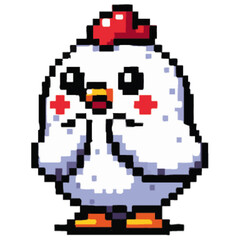 Fototapeta premium Pixel-style white chicken with red cheeks and a surprised expression, placed on a white background.