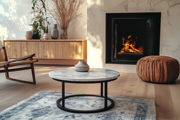 Round white marble coffee table with black metal legs on indigo blue rug, placed on light wood floor near fireplace, surrounded by chair, ottoman, sideboard with vases and plants, and natural decor wa