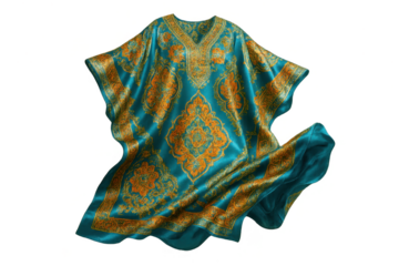 Elegant teal and gold patterned kaftan dress isolated on transparent background
