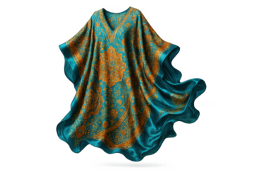 Luxurious teal silk kaftan with intricate gold pattern isolated on transparent background.