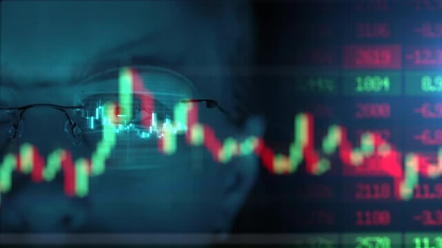 Blue trading chart reflected in eyeglasses. Algorithmic trading, quant model and automated strategy concept