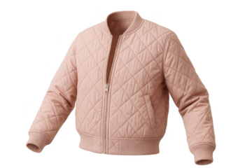 Stylish light pink quilted bomber jacket isolated on transparent background, fashion