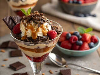 A dessert parfait with whipped cream, caramel, chocolate, and fresh berries in a glass