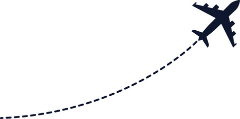Airplane flying with curved dotted line vector graphic – minimalist travel path icon representing flight route, journey motion, aviation direction, and air transport navigation concept.