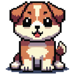 Adorable pixel art puppy, brown and white, sitting, cheerful expression.