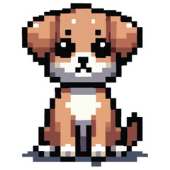 Adorable pixel art depiction of a small, brown-and-white puppy sitting with large, expressive eyes.