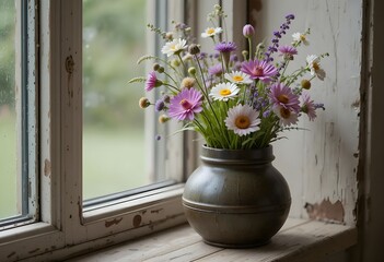Fototapeta premium A vibrant bouquet of wildflowers, including daisies and purple blooms, arranged in a rustic bronze vase, placed on a weathered windowsill.