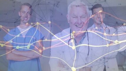 Medical team in clinic initiating glowing network overlay illustrating team connections - Powered by Adobe