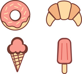Sweet Treats and Desserts Icon Set - Donuts, Croissant, Ice Cream & Popsicle