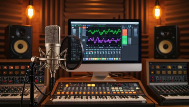 Professional recording studio setup featuring a condenser microphone speakers synthesizer and audio mixing software on a computer screen