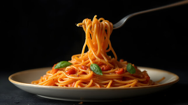 Assiette de spaghettis &agrave; la sauce tomate, bolognaise. Une fourchette argent&eacute;e attrape les p&acirc;tes dans le plat.  isol&eacute; sur fond noir 