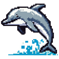 Obraz premium Pixelated dolphin leaping out of water with splash effect, rendered in a retro, 8-bit style.