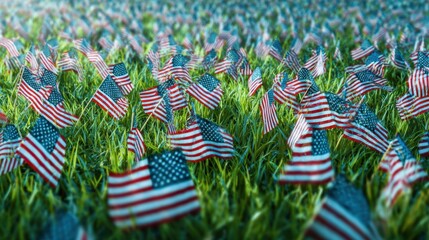 The vibrant display of American flags waving proudly across a grassy field