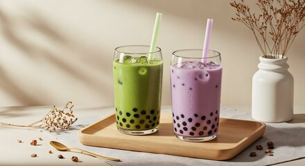 Minimalist flat-lay of iced matcha and taro boba drinks in matte glass tumblers with paper straws on wooden tray. Creamy backdrop, condensation, and branding-ready styling.