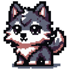 Adorable pixelated wolf cub with large eyes and fluffy fur, standing upright.