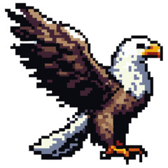 Pixelated illustration of an eagle in flight, showcasing detailed plumage.