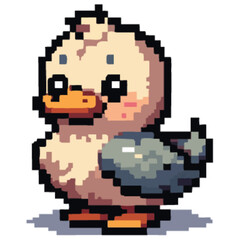 Pixel art illustration of a cute duckling with a cream-colored body and gray wings.