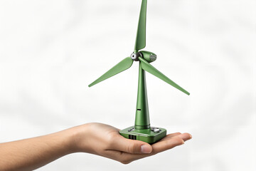 A hand is holding a small green model of a wind turbine against a plain background