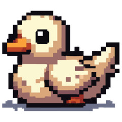 Adorable pixel art duckling, creamy yellow, sitting on ground.