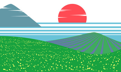 Flat vector landscape with rolling green fields, striped farmland hills, red sun, and stylized mountains. Modern minimal nature scene in bold color palette.