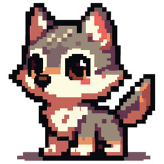 Pixelated cartoon wolf cub with big eyes, standing on a white background.