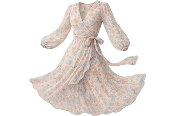 Elegant floral wrap dress with long sleeves isolated on transparent background