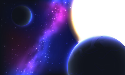 Vector illustration of deep space with glowing planets, bright stars, giant sun and a vibrant galactic nebula on a dark cosmic background. Perfect for astronomy, science, and space exploration themes