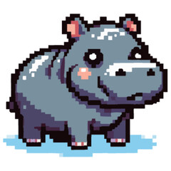 Obraz premium Pixelated cartoon hippopotamus with a cute smile, standing on a light blue surface.