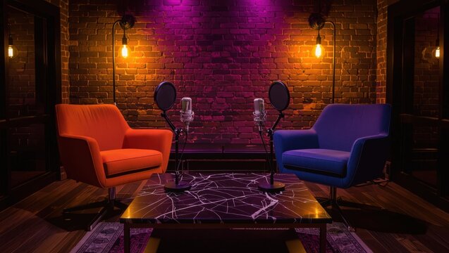 Two comfortable chairs and microphones set up for a podcast interview in a studio with brick walls and mood lighting