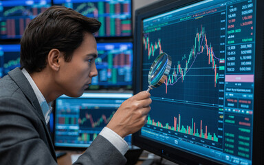 Fototapeta premium A financial analyst using a magnifying glass to analyze the stock market trading chart displayed on a monitor