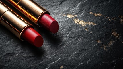 Top view two passion red lipsticks on black background. Beauty industry and fashion concept. Copy space. Advertisement for makeup artists.