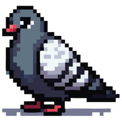 Fototapeta premium Pixelated pigeon illustration with gray, white, and red colors, standing on a surface.