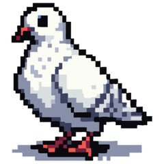 Pixelated white pigeon standing on a white background, depicted in an 8-bit style.