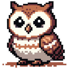 Fototapeta premium Adorable pixel art owl, brown and white plumage, large eyes, charming expression.
