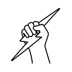 A bold and minimalistic black-and-white line vector illustration of a clenched fist gripping a lightning bolt.