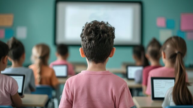 A classroom filled with students using AI-powered educational tools, digital tablets displaying customized learning interfaces, teacher monitoring via