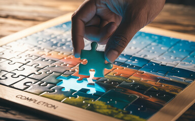 A hand placing the final piece into a complete jigsaw puzzle symbolizing teamwork success and problem-solving strategies