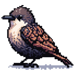 Obraz premium Pixel art depiction of a small, brown and beige bird, perched and facing left.