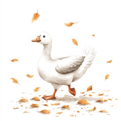 Obraz premium White Goose Walking Amidst Falling Autumn Leaves