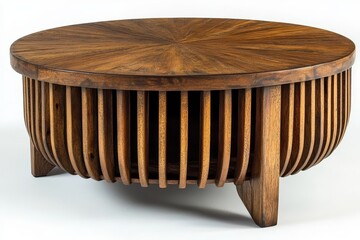 Round coffee table with slatted sides and oak finish, minimalist natural wood texture, modern functional design for home interiors